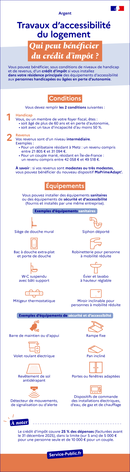 Vous pouvez bénéficier, sous conditions de niveaux de handicap et de revenus, d’un crédit d'impôt si vous installez dans votre résidence principale des équipements d'accessibilité aux personnes handicapées ou âgées en perte d’autonomie.